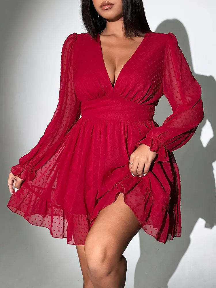 Neues sexy V-Ausschnitt Kurzarmkleid Übergröße Uni Polka Dot Langarm Amerikanischer schmaler A-Linien-Rock elegantes Party-Damenabendkleid