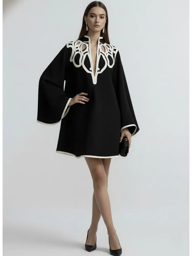 Freeacy Women's Hollowed Stand Collar Loose Mini Dress 2026 Spring New Contrast Color Long Sleeves Vacation Party Dresses