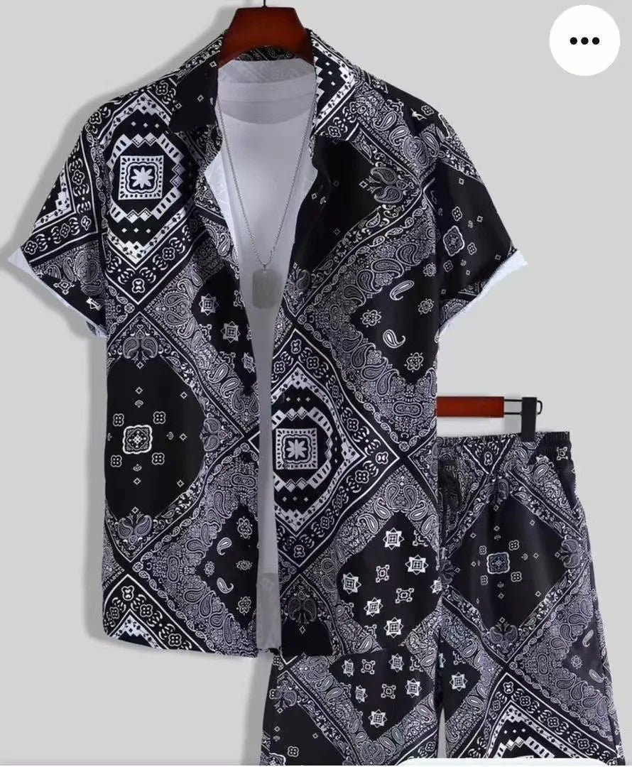 Comfortable Coconut trees leaves color blocking 3D Print shirt +Shorts Two Piece Set Short Sleeve Flip collar shirts half pants
