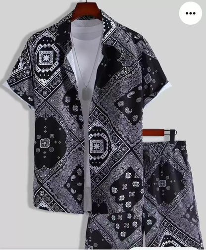 Comfortable Coconut trees leaves color blocking 3D Print shirt +Shorts Two Piece Set Short Sleeve Flip collar shirts half pants