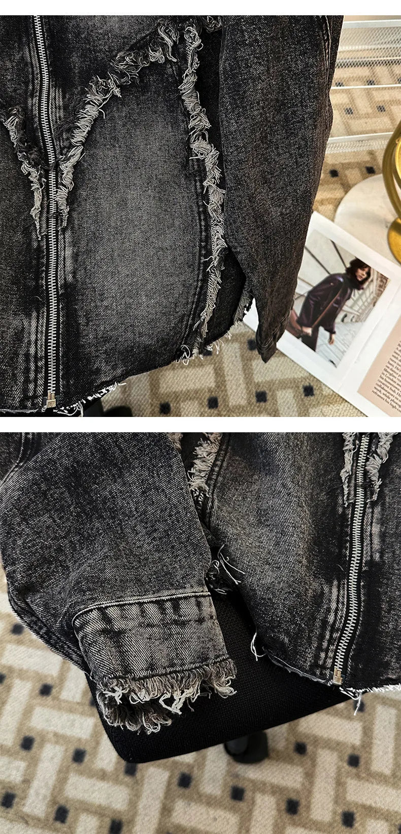 Men's Fringed Denim Set 2026 Spring New American Retro Washed Shoulder Padded Zipper Jacket Splicing Jeans Two Pieces Sets