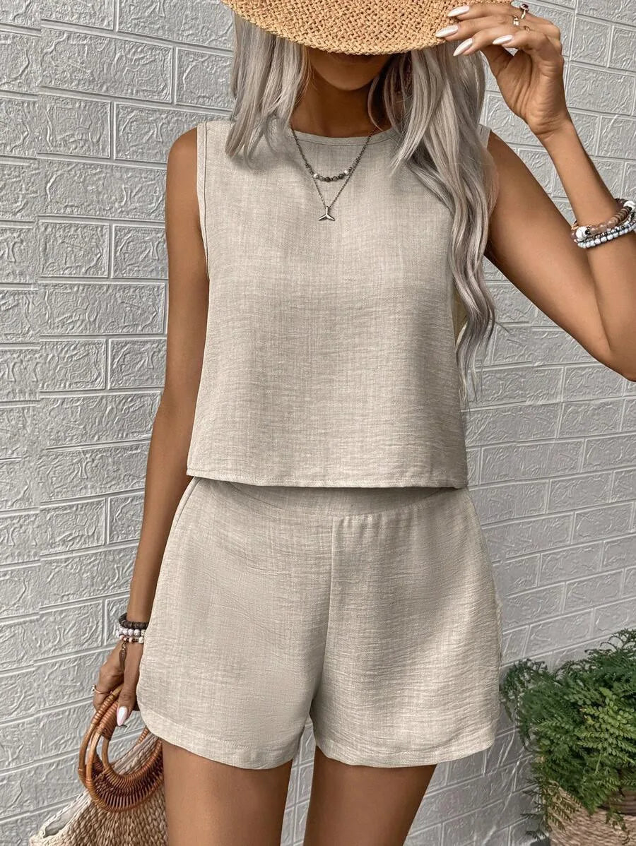 Elegant Solid Women Two Piece Sets Fashion Sleeveless O-Neck Tank Tops Elastic Waist Short Pants Suit Casual Office Lady Outfits