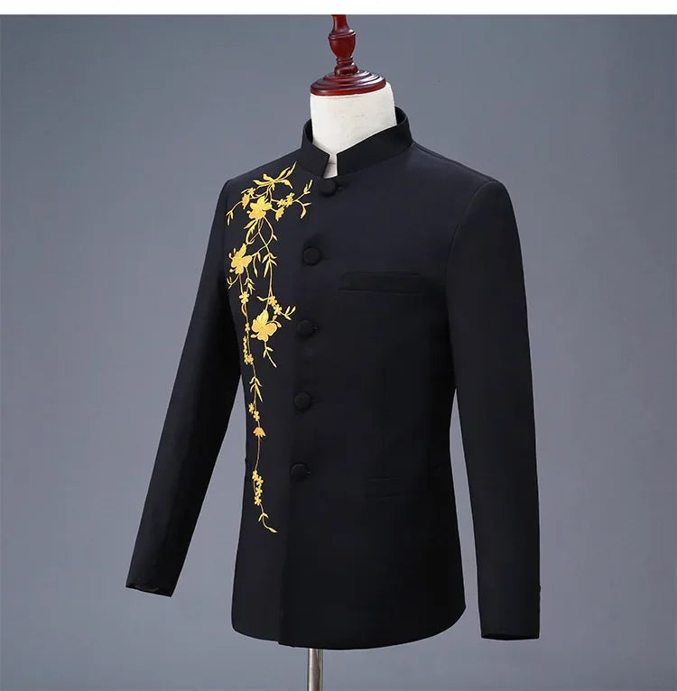 Neuer Herren Stehkragen Bestickter Anzug 2-teilig Schwarz / Weiß / Rot Mode Herren Bühne Party Perform Blazer und Hose
