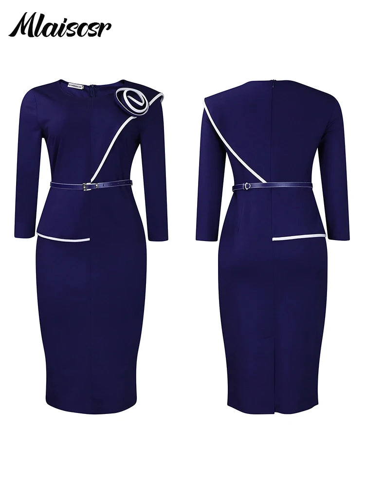 Mlaiscsr Fashion African Mid Dresses with Belt Women 3D Flowers 3/4 Sleeve O-neck Party Evening Office Lady Bodycon Vestidos