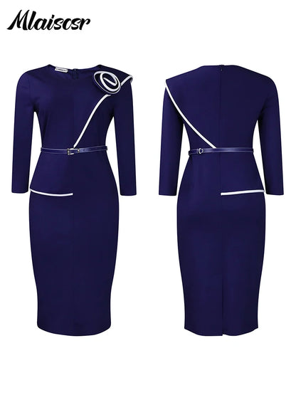 Mlaiscsr Fashion African Mid Dresses with Belt Women 3D Flowers 3/4 Sleeve O-neck Party Evening Office Lady Bodycon Vestidos