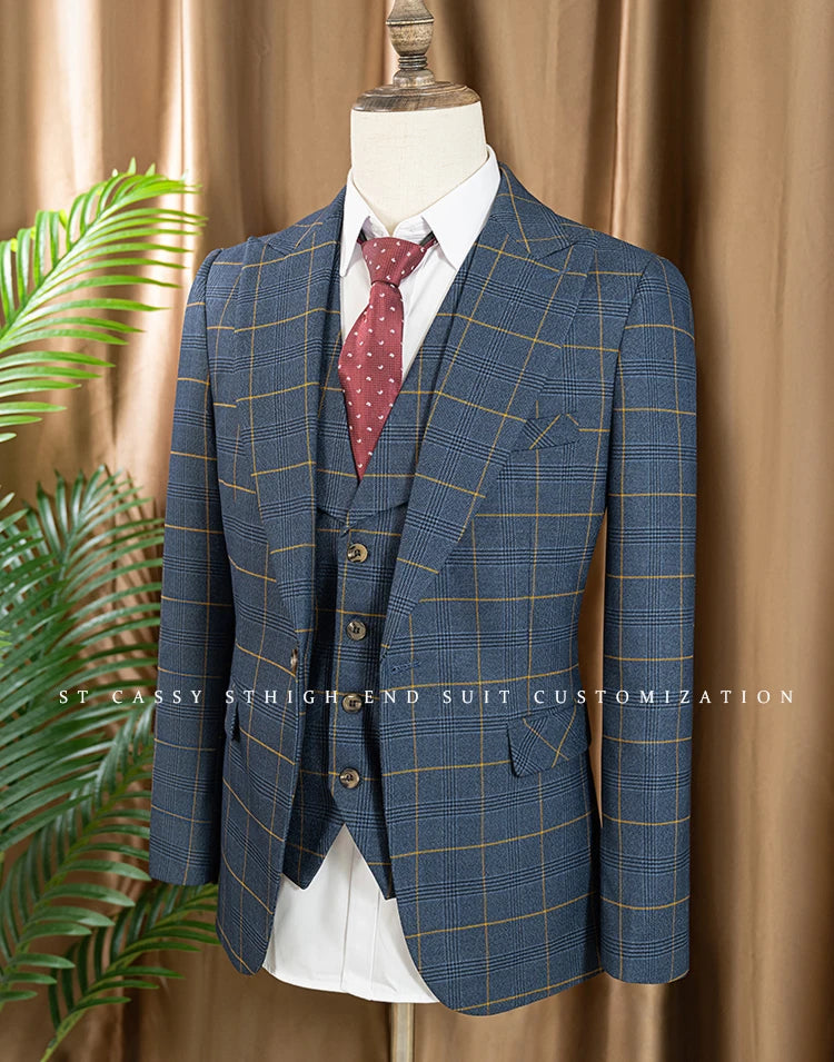 ST Cassy Hochwertiger 3-teiliger karierter Anzug für Herren, stilvolles Business-Büro-Hochzeits-Formelles-Outfit, eleganter Herrenanzug