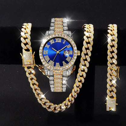 3PCS/Set Luxury Diamond Men's Watches Fashion Roma Dial Stainless Steel Band Quartz Watch Jewelry Set Reloj Hombre（Without Box）