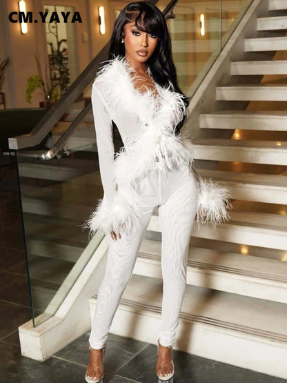 CM.YAYA Fashion Mesh See Though Women's Set Feather Side Long Sleeve Crop Top and Legging Pants  Sexy Two 2Piece Sets Outfit