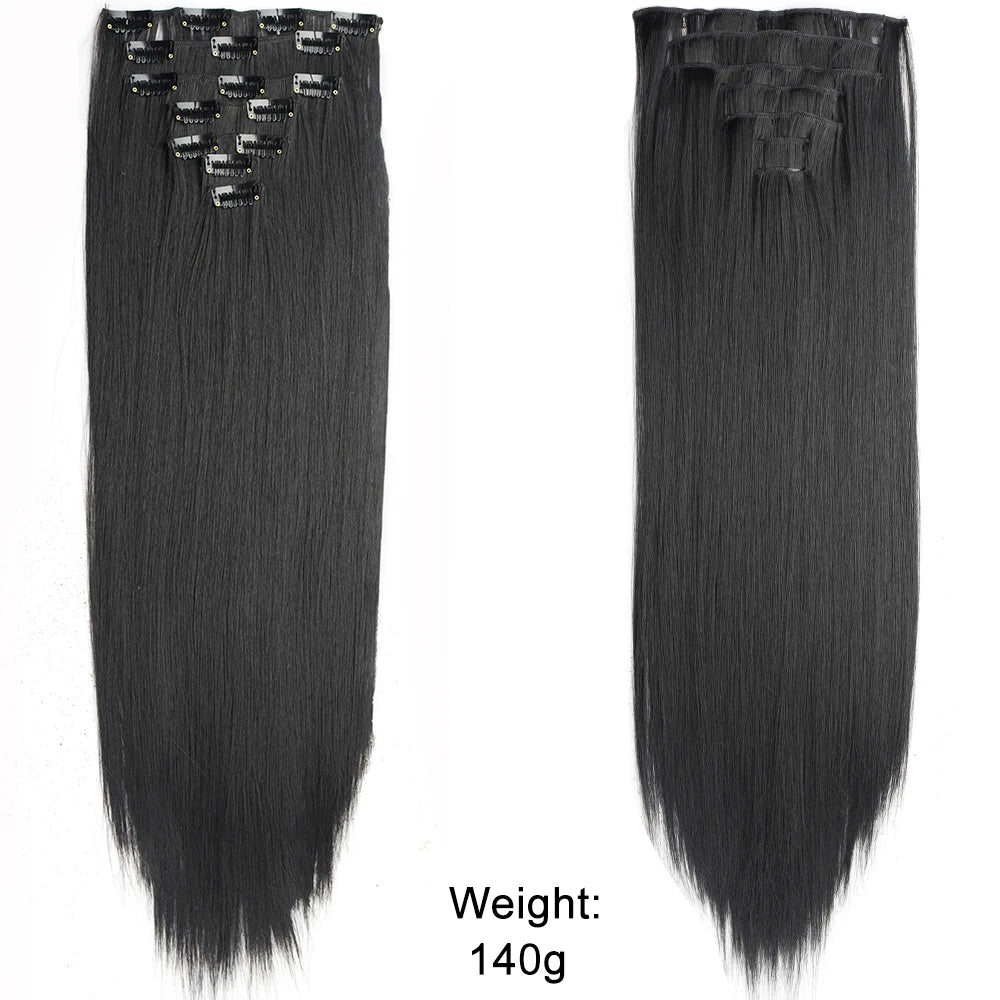 7Pcs/Set 16 Clips Hair Extension Black Long Straight Natural Hair Ombre Hairpiece Heat Resistant Fiber for Women Hairstyle