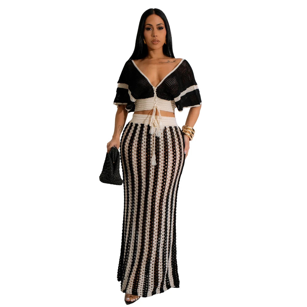 Summer 2 Pieces Women Sets Streetwear Beach Elegant Knitted Sexy V-Neck Hollow Striped Short Sleeve Top Two Piece Maxi Skirt Set