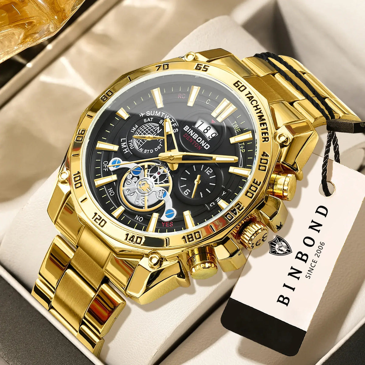 BINBOND Luxury Quartz Watches For Men Luminous Waterproof Auto Date Precise Durable Men's Watch Sports & Business Fashion Reloj in gold