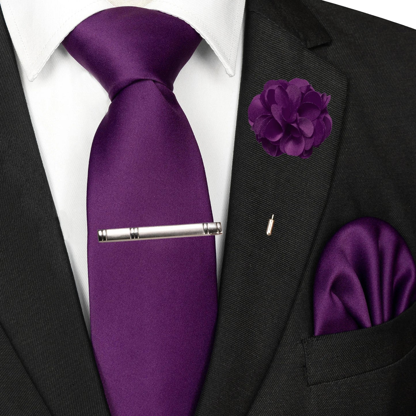 Mens Colors Solid Tie and Lapel Pin Necktie Pocket Square and Tie Clip Sets for Business Casual 4PCS