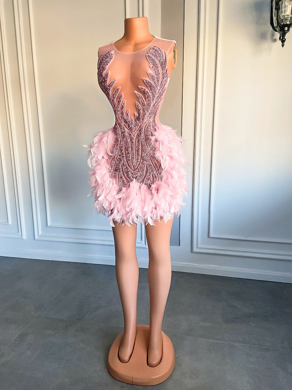 Luxury Sheer Neckline Women Cocktail Dress Pink Feather Black Girl Short Prom Dresses 2023 For Birthday Party