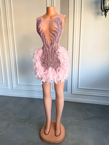 Luxury Sheer Neckline Women Cocktail Dress Pink Feather Black Girl Short Prom Dresses  For Birthday Party