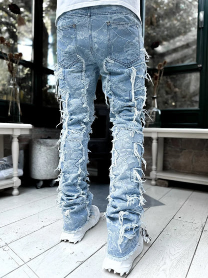 New Fashion Stretch Jeans Man Stacked Jeans Elastic Waist Straight Fit Patchworks Denim Long Pants Fringe Ripped Jeans For Men