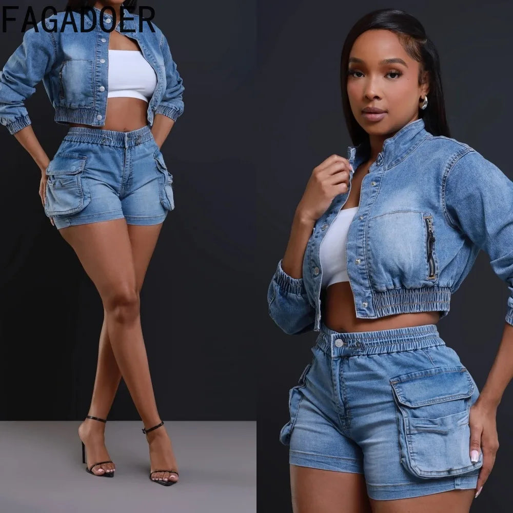 FAGADOER Fashion Denim Elastic Pocket Shorts Two Piece Sets Women Button Long Sleeve Crop Top And Shorts Outfits Female Clothing