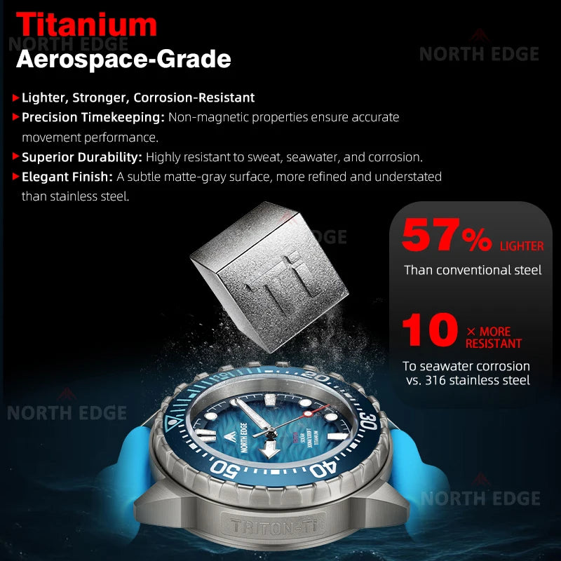 NORTH EDGE TRITON-TI Titanium Solar-Powered Diving Watch High Quality Quartz Watches for Man NEW 300M Waterproof Men Watch Reloj