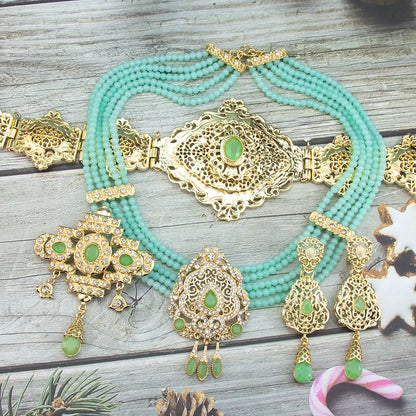 Sunspicems Gold Color Morocco Caftan Belt Waist Chain Women Beads Chain Choker Necklace Long Earring Arab Bridal Wedding Jewelry