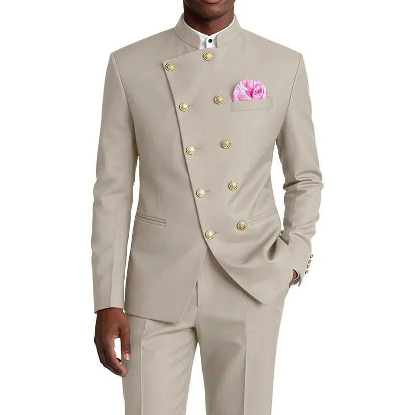 Men's Business Casual Suit 2 Piece Brown Mandarin Collar Double Breasted With Gold Buttons