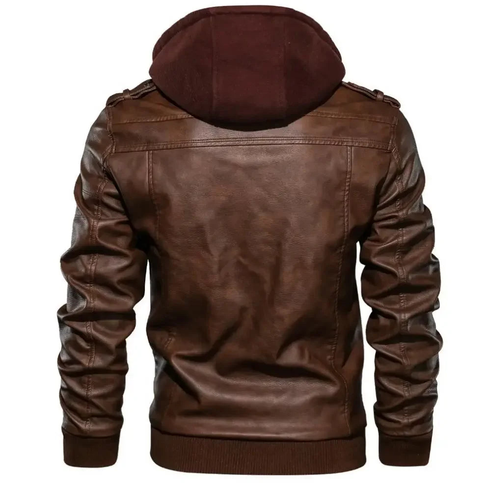 EU Size Men's Winter Leather Jackets Mens Casual Motorcycle Biker PU Leather Coats Outdoor windproof and warm Hooded Outwear