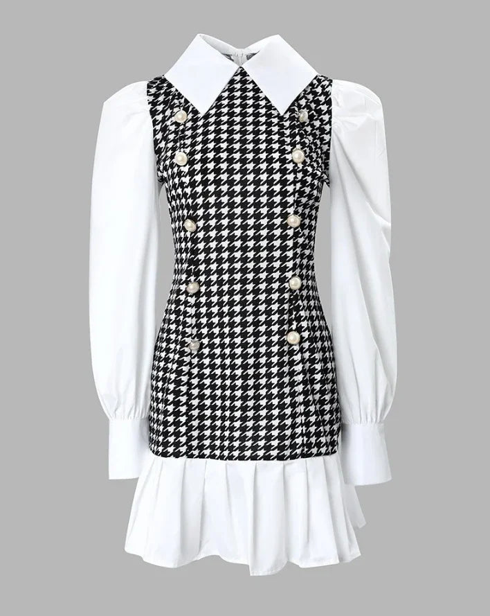 Womens Dresses 2024 Spring Fashion Houndstooth Button Decor Puff Sleeve Ruffle Hem Elegant Turn-Down Collar Daily A Line Dress