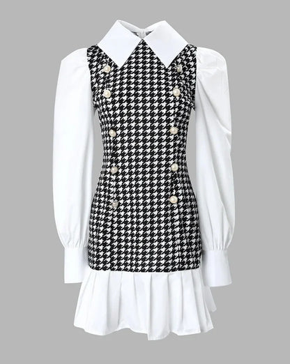 Womens Dresses  Spring Fashion Houndstooth Button Decor Puff Sleeve Ruffle Hem Elegant Turn-Down Collar Daily A Line Dress