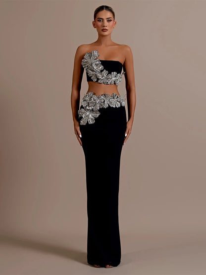 Sexy Long Sleeves Bandage 2-Piece Sets Women Turtleneck Shiny Diamonds Flower Top + Bodycon Mini  Skirts Suits Evening Party Set