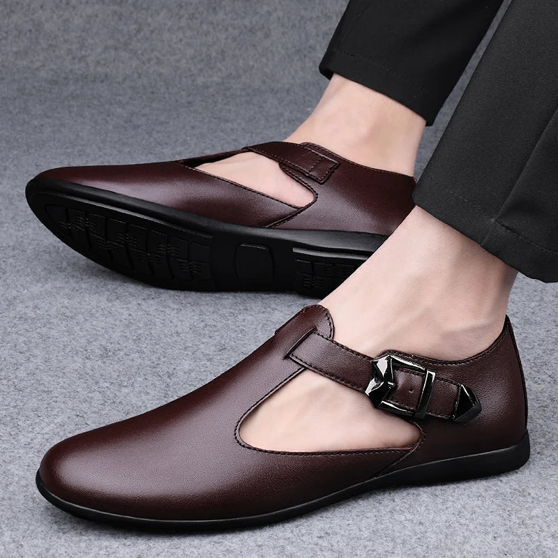 Summer Men Genuine Leather Breathable Sandals New Design Fashion Casual Black Brown Slip on Sandals Leather Sandals  Men's Flats