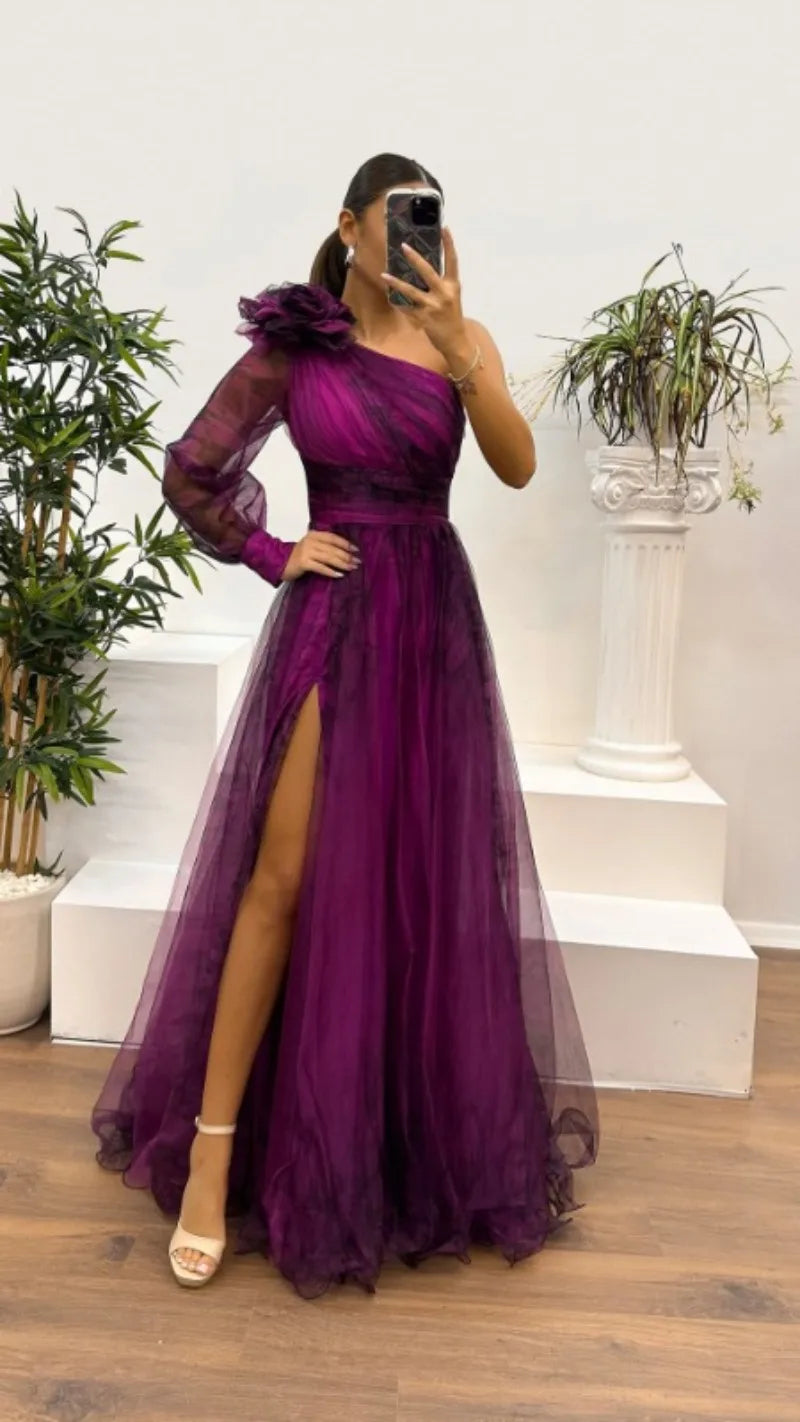 2025 Women Evening Dress Off Shoulder Pleated Long Lantern Sleeve Split Hem Maxi Dress Rhinestone Decor High Waist Party Dresses