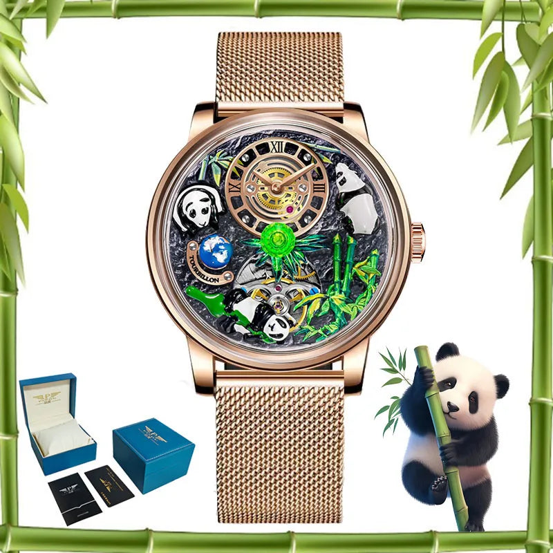PINDU Dreidimensionale Panda-Zifferblatt-Uhren für Herren High-End Luxus Transparenter Hohlraum Vollautomatische mechanische Armbanduhr
