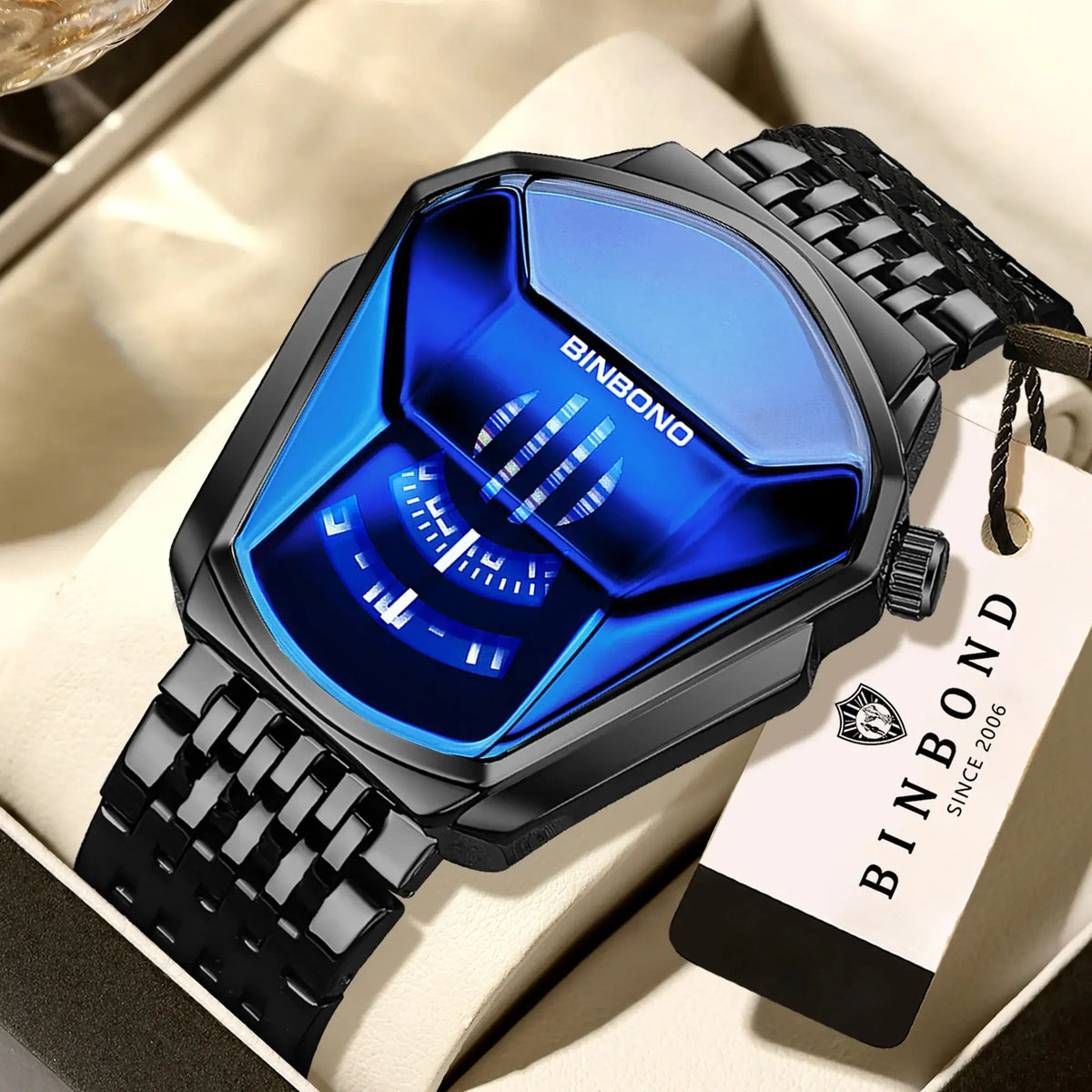 BINBOND Iron Man Face Orginal Brand Quartz Watches For Man Luxury Waterproof Men's Watch Sturdy Reloj Free Ship with blue display
