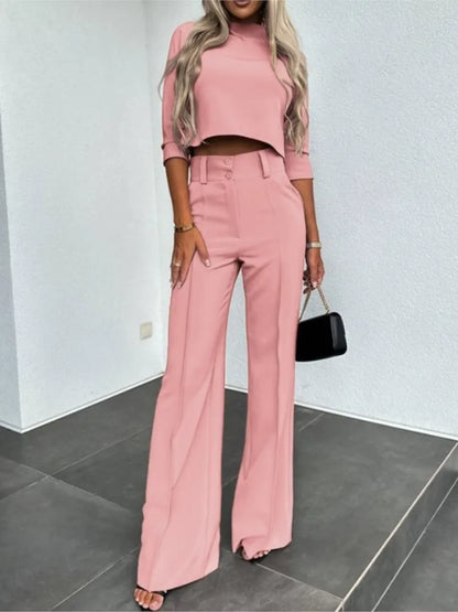 Elegant Office Lady Suits Fashion Solid Color Two Piece Set For Women Casual Crop Top+high Waist Pants Women's Sets  Autumn