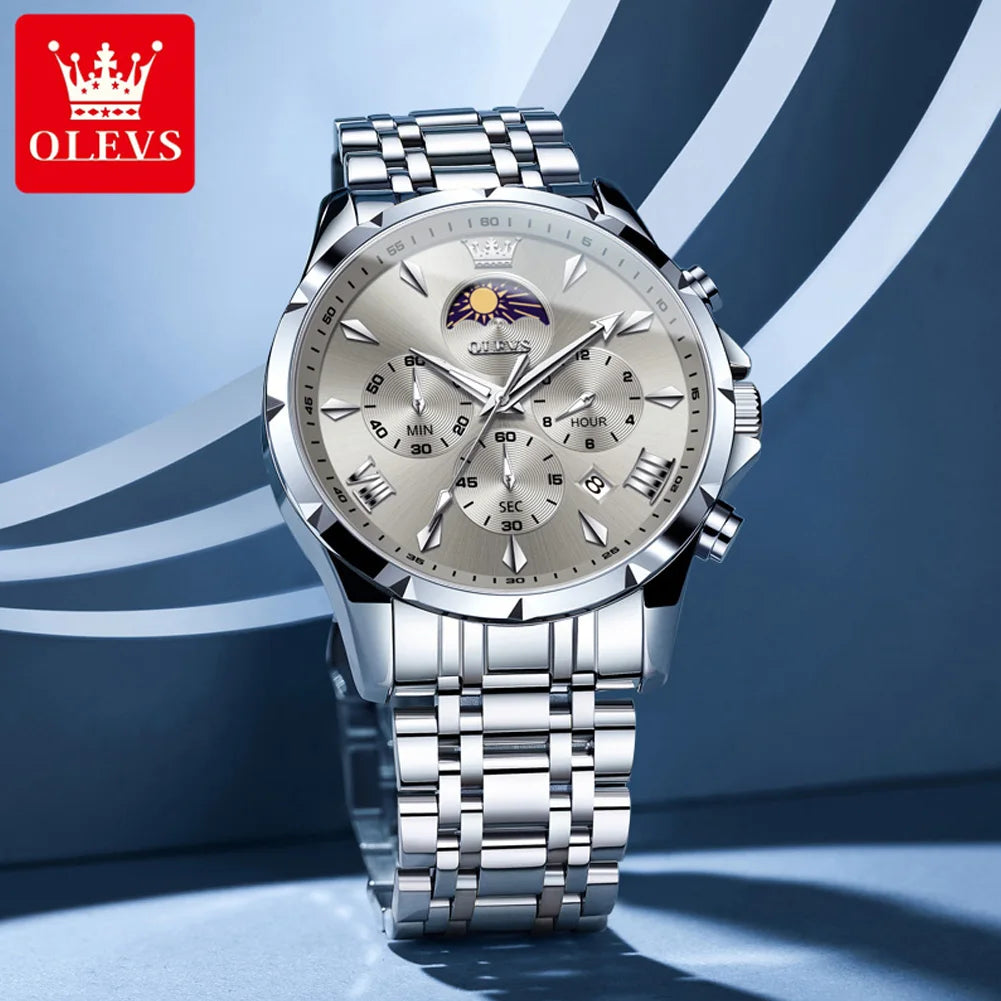 OLEVS 3653 Mans Watch Multifunctional Chronograph Quartz Watch Moon Phase Watches For Man Waterproof High Quality Original Brand
