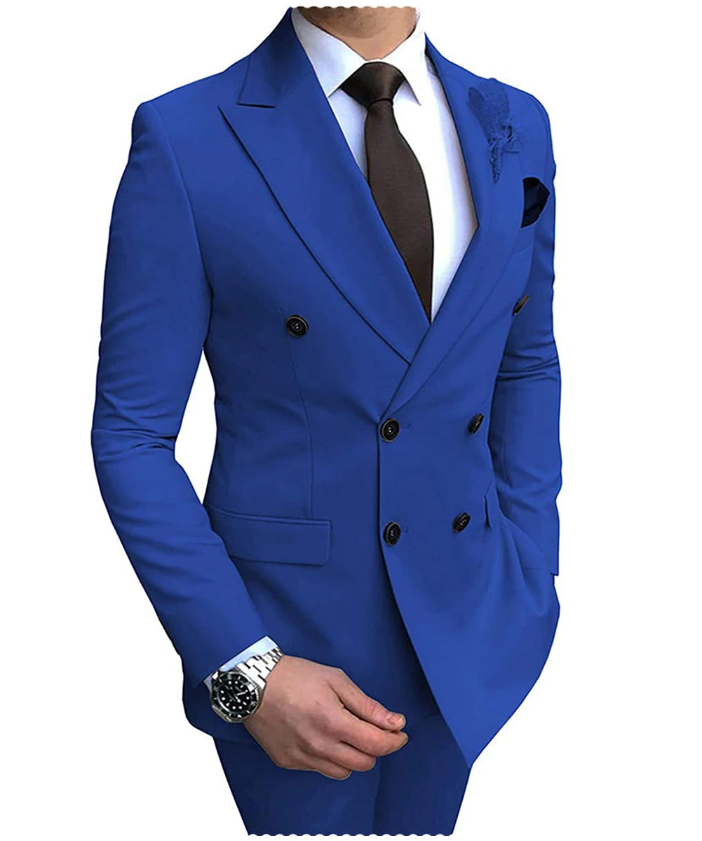 New Beige Men's Suit 2 Pieces Double Breasted Notch Lapel Flat Slim Fit Casual Tuxedos For Wedding(Blazer+Pants)