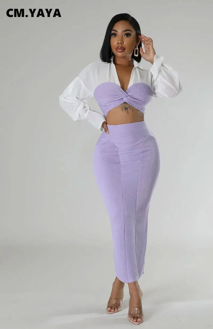 CM.YAYA Womens Two 2 Piece Sets Full Sleeve Shirt and Split Long Skirt Suit  Fall Streetwear Sexy Night Club Party Outfits
