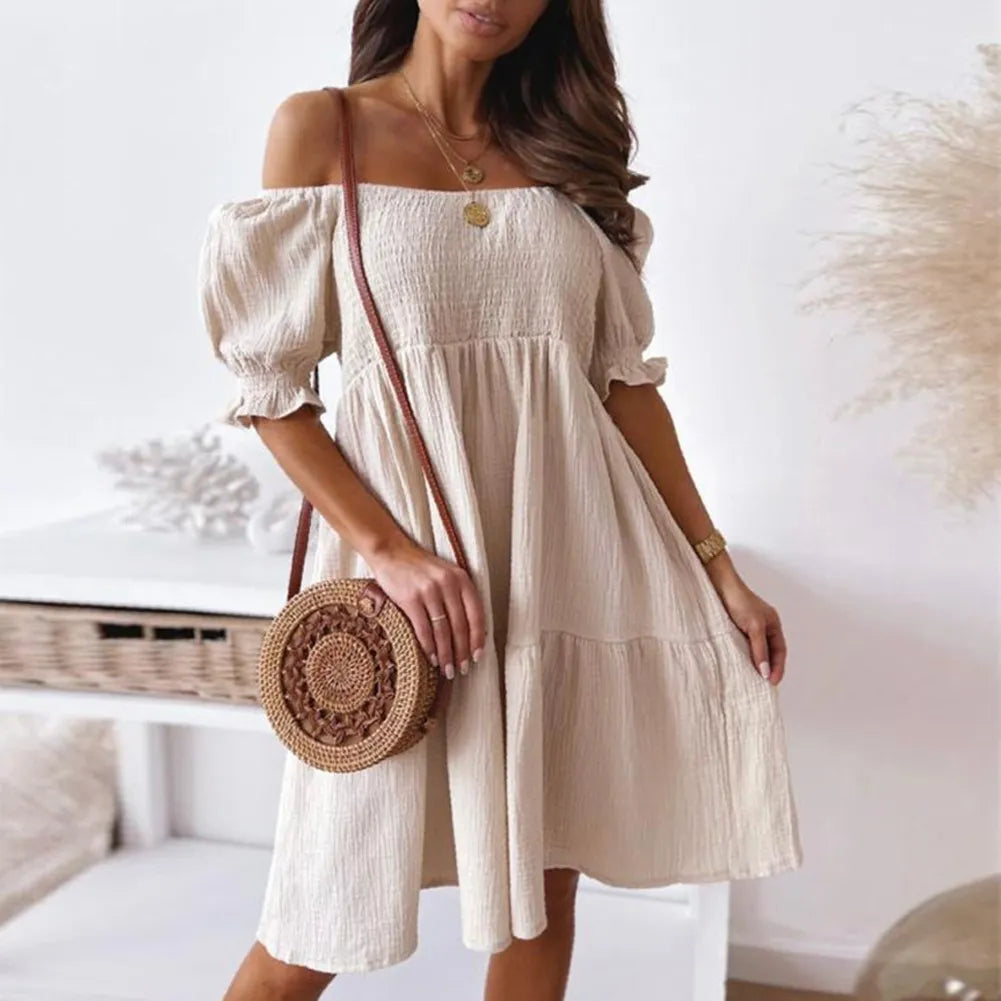 Women Sexy Dress Summer Ladies Beach Swing Off Shoulder Sundress Soild Casual Loose Pleated A-line Sun Dress