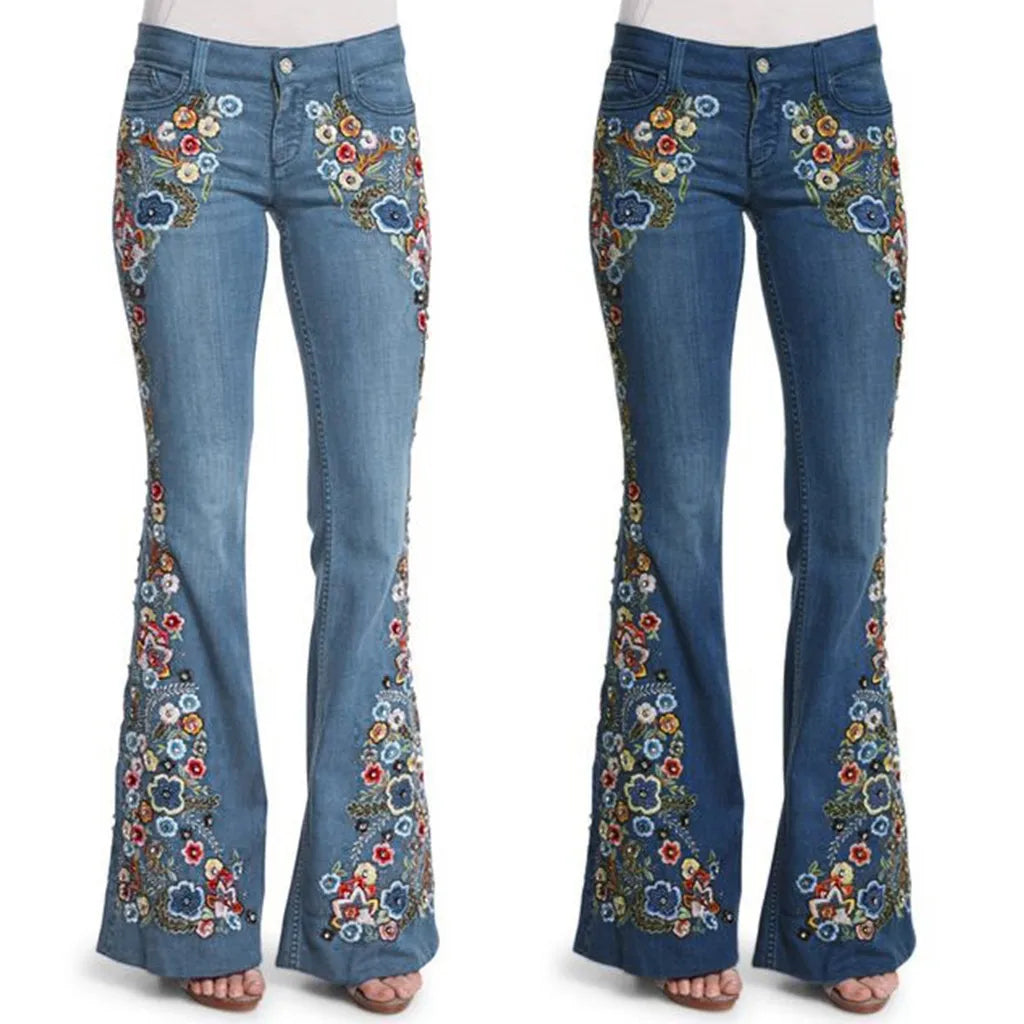 Women Retro Floral Embroidered Denim Flare Pants Distressed Straight Plus Size Trousers Elegant Women Palazzo Wide Leg Jeans