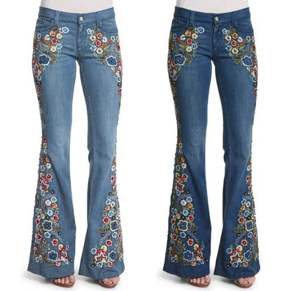 Women Retro Floral Embroidered Denim Flare Pants Distressed Straight Plus Size Trousers Elegant Women Palazzo Wide Leg Jeans