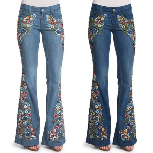 Women Retro Floral Embroidered Denim Flare Pants Distressed Straight Plus Size Trousers Elegant Women Palazzo Wide Leg Jeans