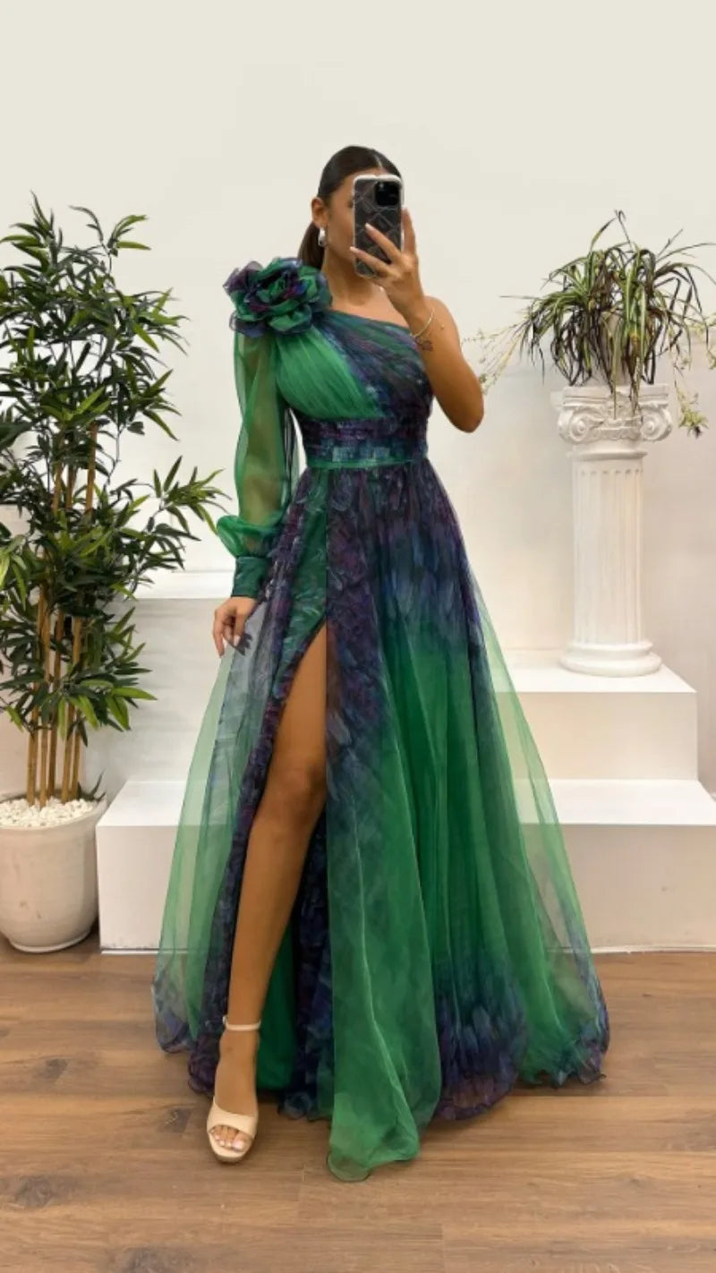2025 Women Evening Dress Off Shoulder Pleated Long Lantern Sleeve Split Hem Maxi Dress Rhinestone Decor High Waist Party Dresses