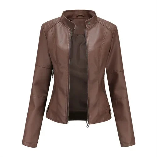 Autumn New Women's Leather Jacket, Fashionable Trim Motorcycle Women PU Coat Black Purple Brown Tops Female Menteau