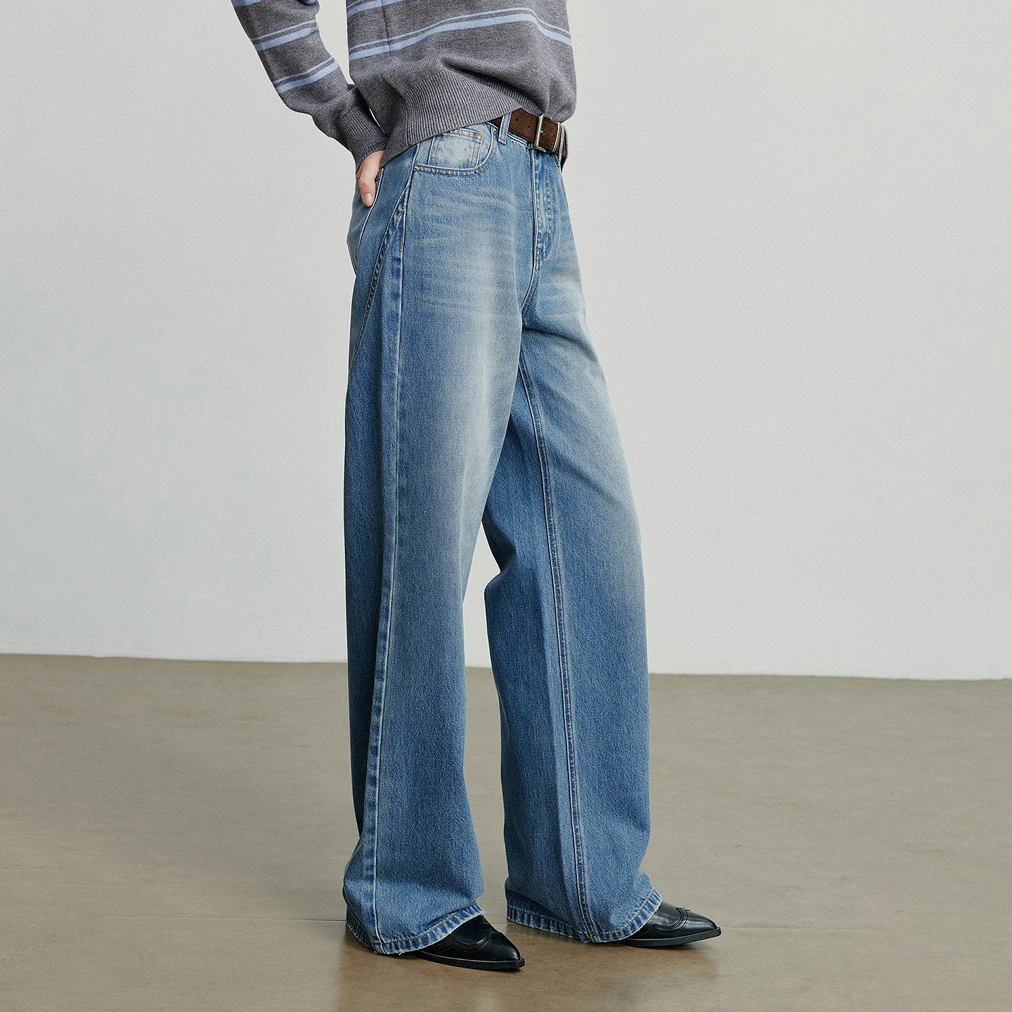 TOYOUTH Women Denim Jeans  Autumn New Cotton High Street Wide Leg Pants Gray