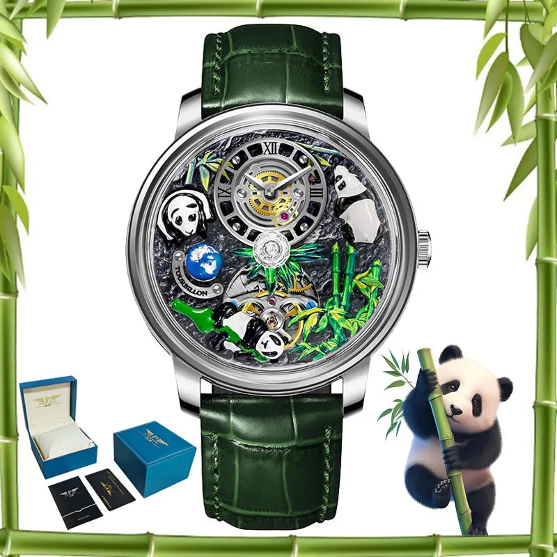 PINDU Dreidimensionale Panda-Zifferblatt-Uhren für Herren High-End Luxus Transparenter Hohlraum Vollautomatische mechanische Armbanduhr