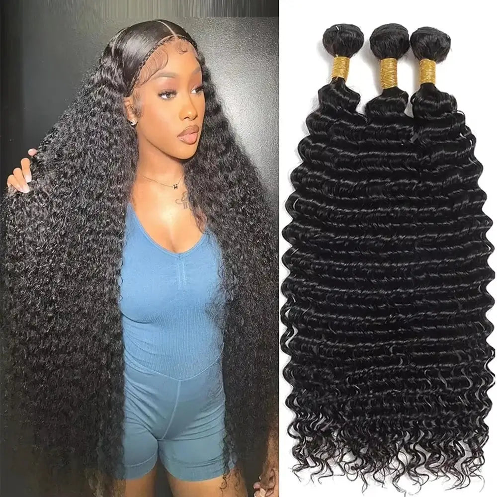 Deep Wave Bundles Human Hair Brazilian Virgin Hair Deep Wave One Weave Bundle 10A Grade Unprocessed Human Hair styled on model.