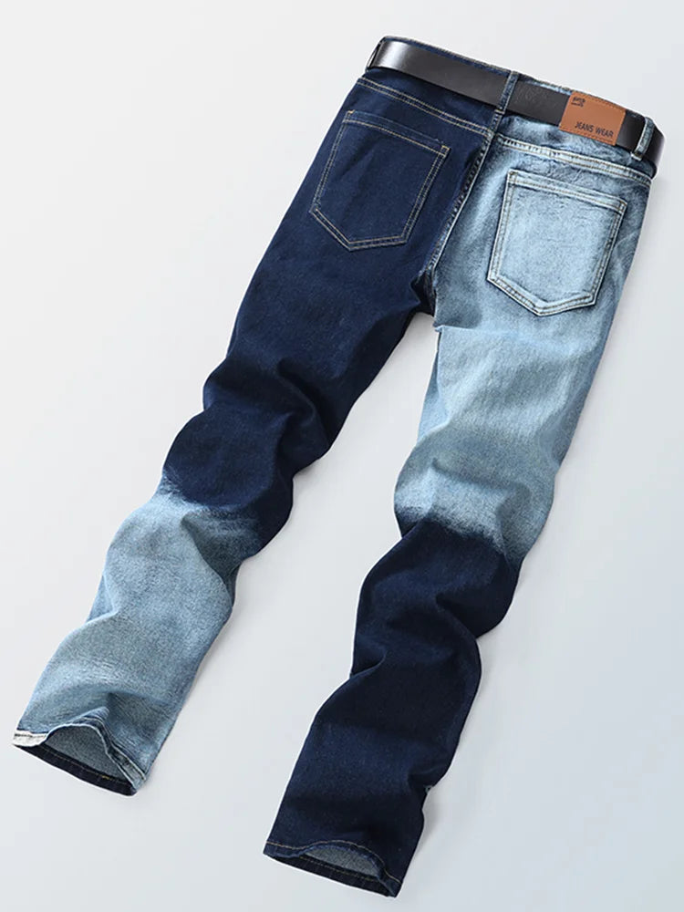 Men's Gradient Color Hole Denim Pants High Street Spliced Vintage Long Trousers Trendy Straight Leg Pants