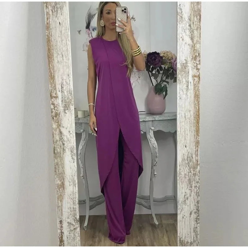 Casual Solid Two-piece Set For Women Fashion Round Necked Sleeveless Long Top Loose Pants Suit 2023 Elegant Lady Chic Outfits