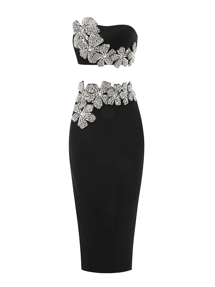 Sexy Long Sleeves Bandage 2-Piece Sets Women Turtleneck Shiny Diamonds Flower Top + Bodycon Mini  Skirts Suits Evening Party Set