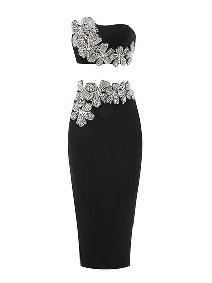 Sexy Long Sleeves Bandage 2-Piece Sets Women Turtleneck Shiny Diamonds Flower Top + Bodycon Mini  Skirts Suits Evening Party Set