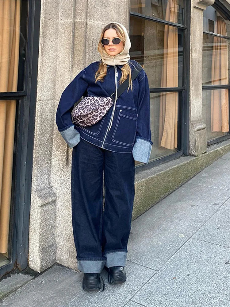 Fashion Denim Jacket Set Women Lapel Single Breasted Long Sleeve Coat Straight Jeans Pants 2025 Spring Lady  High Street Outfits