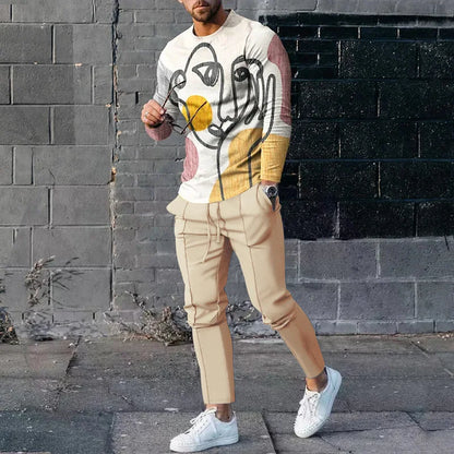 Spring and Autumn Men's Pullover Round Neck Geometric Pattern Printed Sports Sweater Zipper Drawstring Guard Pants Set Pants